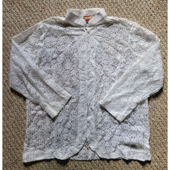 Tudor Tops - Vintage 70s 80s Romantic Sheer Lace Overlay Blouse Open Size L White‎ Retro